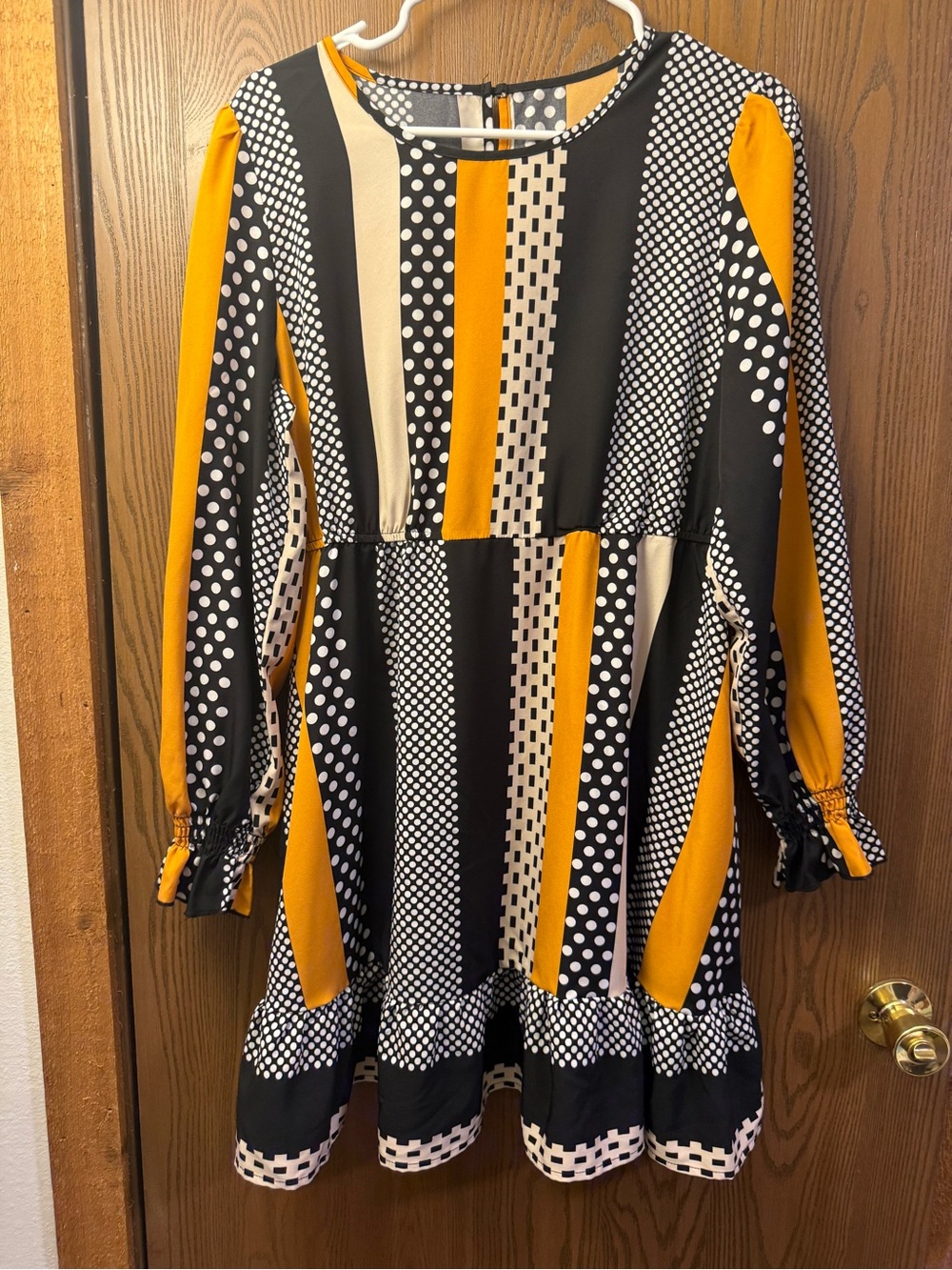 Long-Sleeve Mixed Print Dress in Black, Mustard & Cream